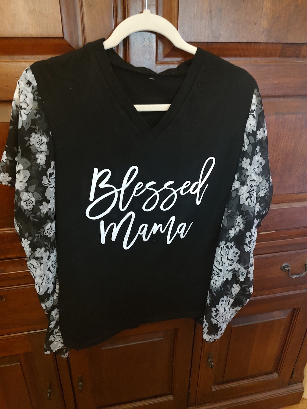 Black 'Blessed Mama' upcycled V-Neck poncho style T with Floral Sheer Sleeves